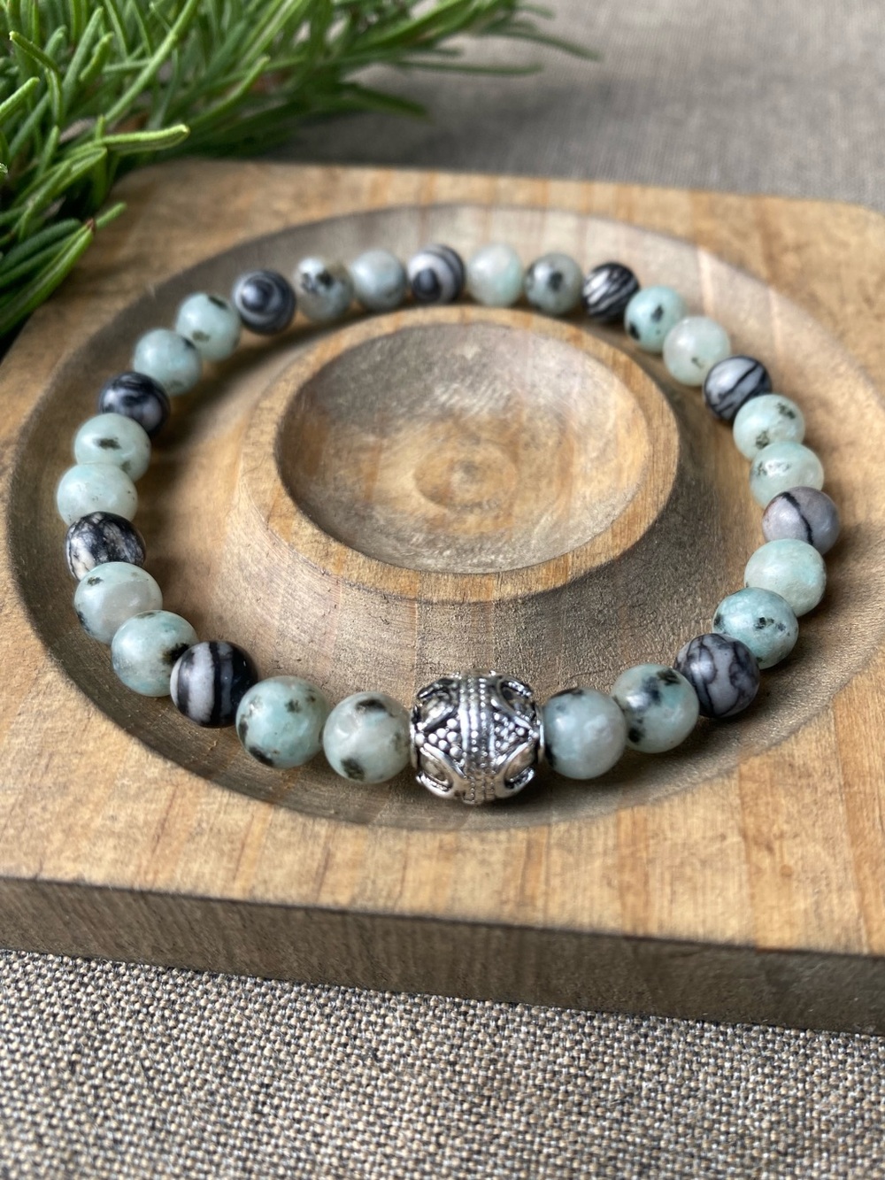 Bali Bead & Stone Stretch Bracelet Aquamarine and Black